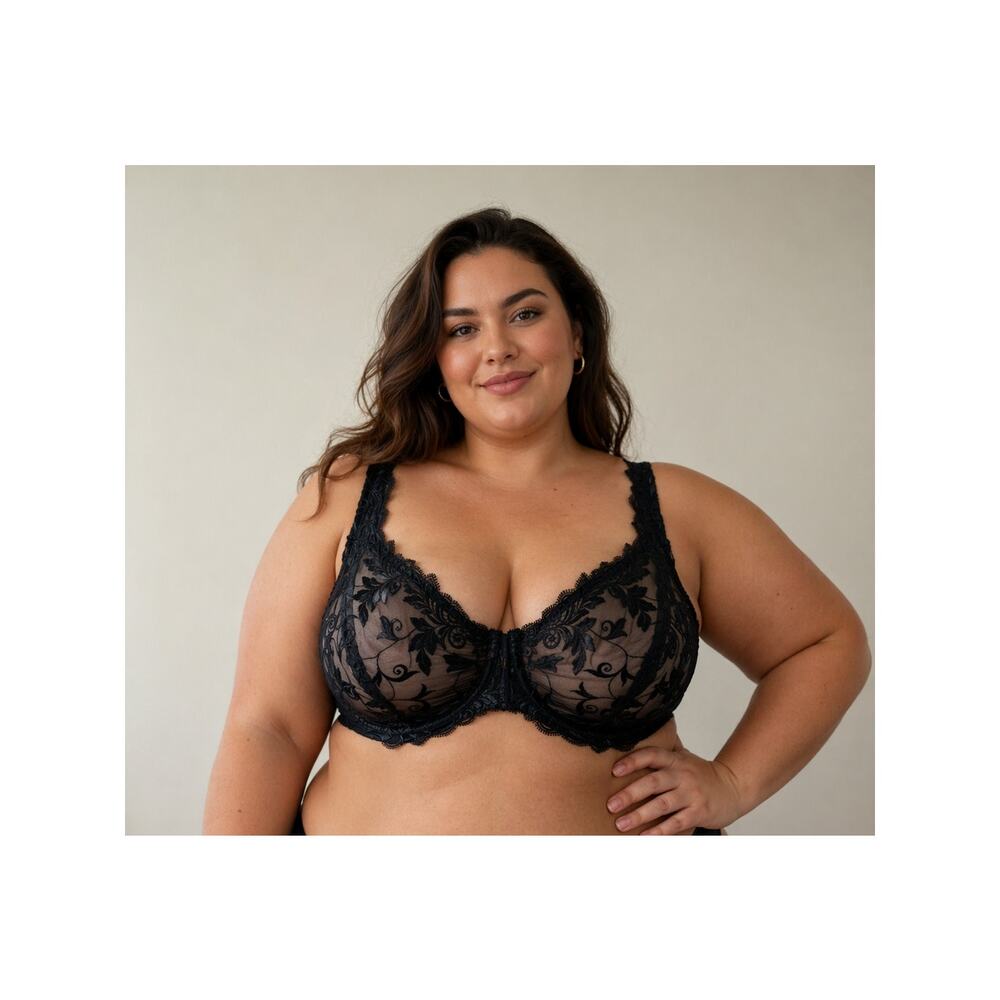 Soma Sensuous Lace Unlined Underwire Embroidered Black Sheer Bra 42DDD